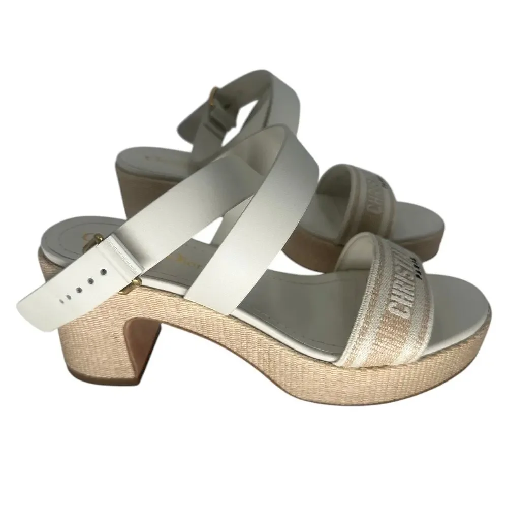 Christian Dior Leather Raffia Dway Embroidered Logo Platfrorm Sandals Beige 37